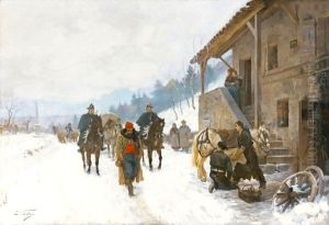 A Cheval Landscape In Winter With Jugglers, Dancing Bears And Gendarmes On Horseback A Cheval Landscape In Winter With Jugglers, Dancing Bears And Gendarmes On Horseback