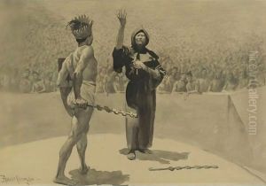 His Huge Antagonist Was Held Still By A Wonder That Was Born Half Of Admiration And Half Of Awe by Frederic Remington
