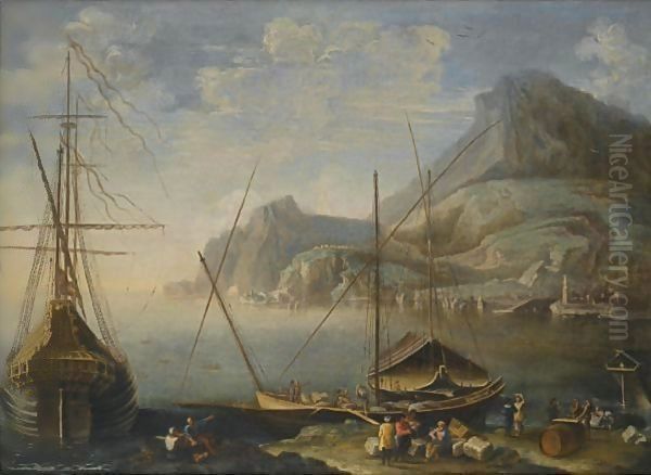 A Mediterranean Coastal Scene With Figures Unloading Cargo From Boats In The Foreground - view 1