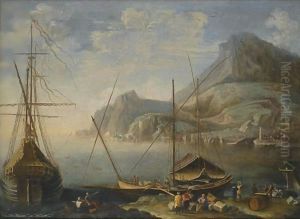A Mediterranean Coastal Scene With Figures Unloading Cargo From Boats In The Foreground