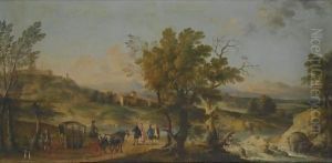 An Elegant Carriage Party Halts On The Via Lauretana, With A Veiw Of Loreto In The Background by Giovanni Battista Tiepolo