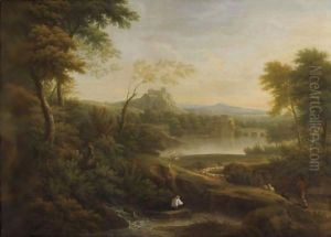 River Landscape With Bridge And Hilltop Castle by George Lambert