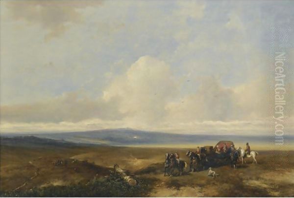 An Extensive Landscape With Elegant Figures In An Open-Topped Carriage, Horsemen Hunting In The Distance - view 1