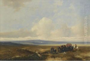 An Extensive Landscape With Elegant Figures In An Open-Topped Carriage, Horsemen Hunting In The Distance