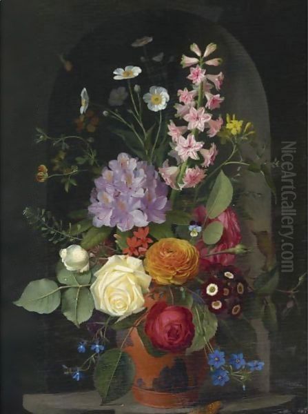 A Bouquet In A Wedgwood Rosso Antico Vase, Set In A Niche - view 1