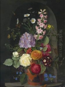 A Bouquet In A Wedgwood Rosso Antico Vase, Set In A Niche by Otto Didrik Ottesen