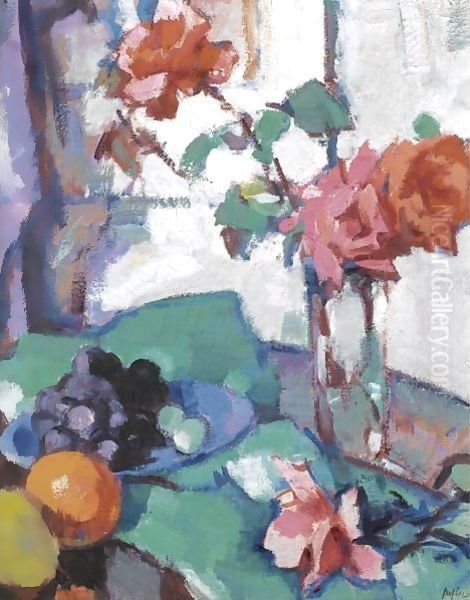 Still Life Of Roses With A Green Tablecloth - view 1