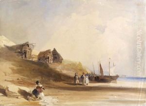 French Coastal Scene Wtih Figures, Boats And Fishing Shacks by Thomas Shotter Boys