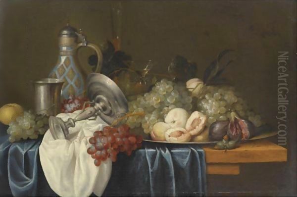 Still Life With Bunches Of Grapes, Peaches And Figs On A Pewter Dish by Alexander Coosemans