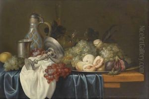 Still Life With Bunches Of Grapes, Peaches And Figs On A Pewter Dish by Alexander Coosemans