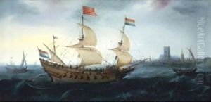 A Dutch Two-Master In A Stiff Breeze Before A Dutch Coastal Town, Possibly Den Briel by Hendrick Cornelisz. Vroom