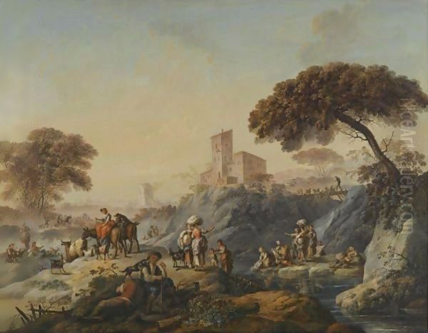 A Southern Landscape With Figures Beside A Stream - view 1
