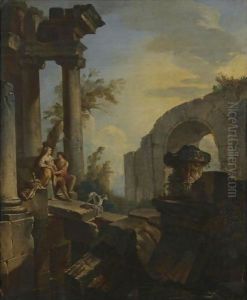 An Architectural Capriccio With A Couple Seated And A Dog Beneath Ruined Columns