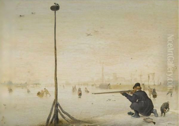 Winter Landscape With A Hunter Shooting Duck At The Edge Of A Frozen Waterway - view 1