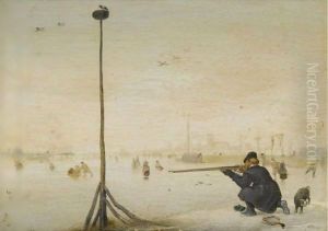 Winter Landscape With A Hunter Shooting Duck At The Edge Of A Frozen Waterway by Hendrick Avercamp
