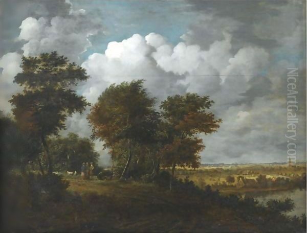 An Extensive Landscape With Figures And Sheep On A Path Through Woodland To The Left - view 1