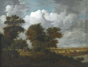 An Extensive Landscape With Figures And Sheep On A Path Through Woodland To The Left by Philips Koninck