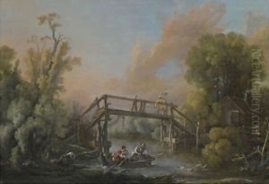 A River Landscape With A Woman Crossing A Bridge And Three Men In A Boat On The River Below A River Landscape With A Woman Crossing A Bridge And Three Men In A Boat On The River Below