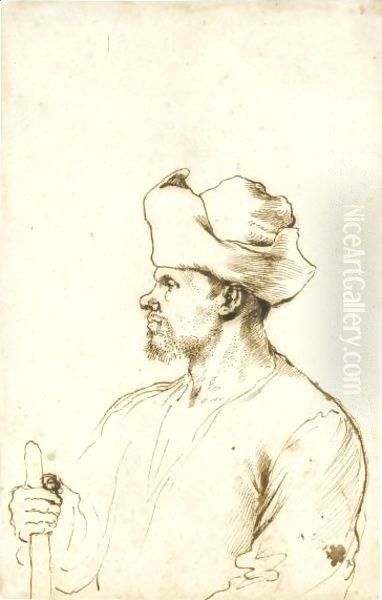 A Man Seen In Profile, Half Length, Wearing A Hat And Holding A Stick - view 1