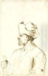 A Man Seen In Profile, Half Length, Wearing A Hat And Holding A Stick by Giovanni Francesco Barbieri