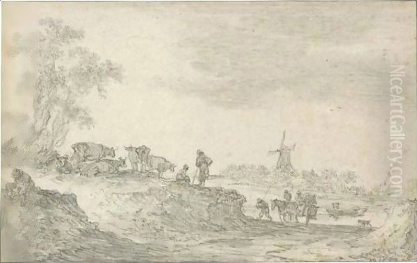 Dune Landscape With Cattle, A Windmill In The Distance - view 1