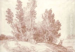 Study Of A Clump Of Trees By A River, Two Figures On The Bank To The Right by Hubert Robert