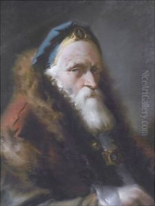 Portrait Of An Oriental, Head And Shoulders, Wearing A Bejewelled Blue Hat And A Red Fur-Trimmed Coat