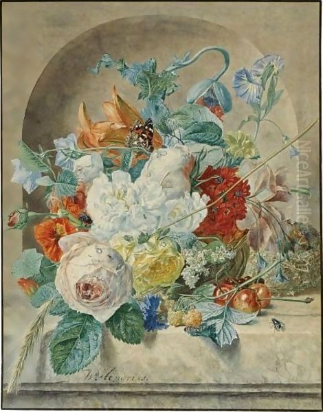 Still Life Of Flowers And Fruit In A Niche, With A Bird's Nest - view 1