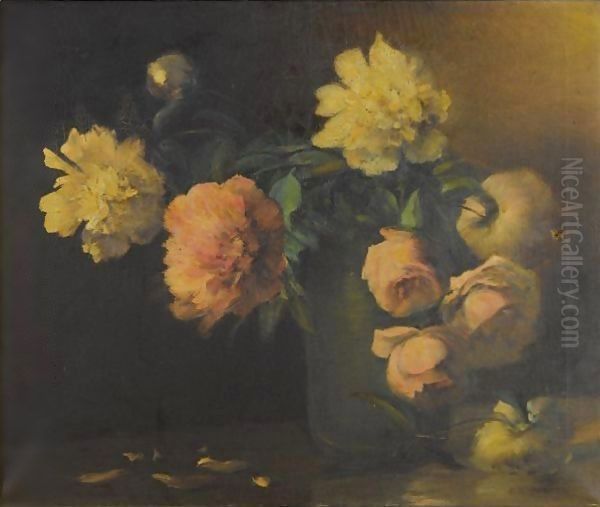 Peonies And Roses In A Green Vase - view 1