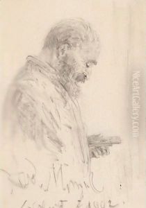 Study Of A Man Holding A Sketch Pad And A Box Of Pencils
