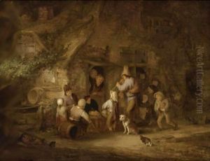 A Man Playing The Shawm At A Rustic Cottage Door by Adriaen Jansz. Van Ostade