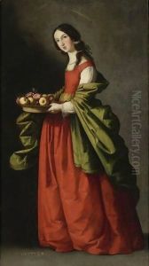 Saint Dorothy, Full-Length, Holding A Basket Of Apples And Roses by Francisco De Zurbaran