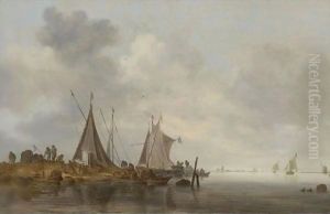 Fishing Boats Moored At An Embankment by Jan van Goyen