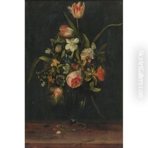 Still Life Of Roses, Tulips, Narcissus And Other Flowers In A Glass Vase by Frans Ykens