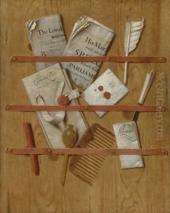 Trompe L'Oeil Still Life Of A Letter Rack Holding Newspapers, Letters, A Comb, A Knife, A Quill, Wax And A Seal by Edwart Collier