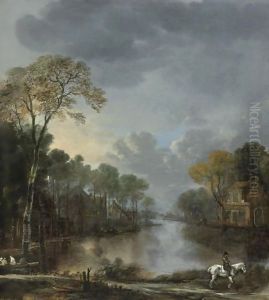 Scene At Dusk With A Horseman Pulling A Boat Along A Canal by Aert van der Neer