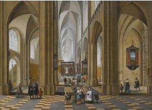 The Interior Of A Gothic Cathedral With Elegant Figures Strolling And Others Attending A Mass by Pieter Neefs The Elder, Frans The Younger Francken
