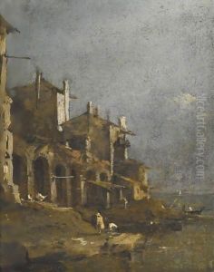 A Capriccio Coastal Landscape With Figures On The Shore Beneath An Arcade by Francesco Guardi