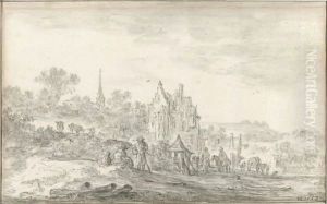 Landscape With Travellers Resting At The Edge Of A Village by Jan van Goyen