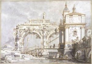 An Architectural Capriccio With A Pavilion And A Ruined Arcade On The Water's Edge by (Giovanni Antonio Canal) Canaletto