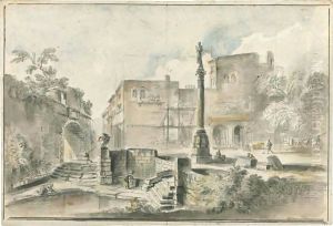 View Of A Piazza With An Obelisk By The Walls Of A City, Washerwomen In The Foreground