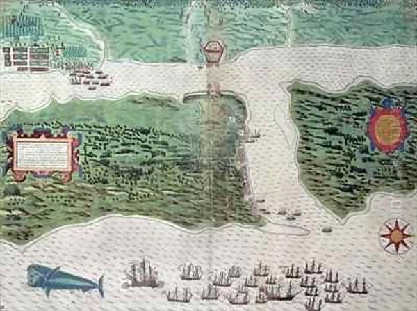Map depicting the destruction of the Spanish colony of St. Augustine in Florida on 7th July 1586 by the English fleet commanded by Sir Francis Drake (1540-96) - view 1
