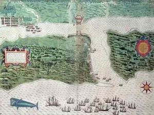 Map depicting the destruction of the Spanish colony of St. Augustine in Florida on 7th July 1586 by the English fleet commanded by Sir Francis Drake (1540-96)