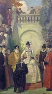 Queen Elizabeth I knighting Sir John Young on the steps of his property, The Great House, Bristol by Ernest Board