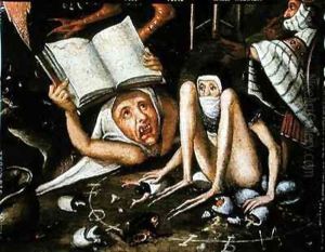 The Inferno, detail of a huddled and gagged creature next to a human monster holding up an open book by Herri met de Bles
