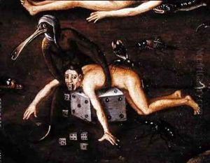 The Inferno, detail of a man lifted onto a dice by a creature with a bird's by Herri met de Bles