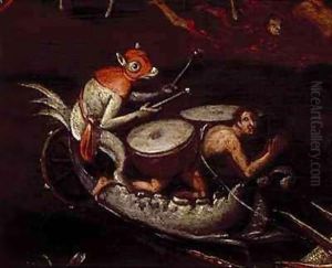 The Inferno, detail of fantastical animals playing the drums on a boat by Herri met de Bles