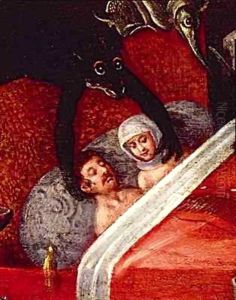 The Inferno, Couple in a bed surrounded by monstrous animals by Herri met de Bles