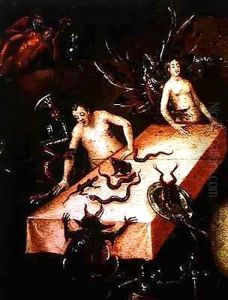 The Inferno, detail of two people around a table with demons by Herri met de Bles