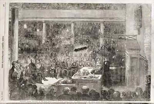 Michael Faraday (1791-1867) delivering his Christmas lecture on 27 December 1855 before Prince Albert (1819-61), Prince of Wales (later Edward VII) (1841-1910) and Prince Alfred - view 1